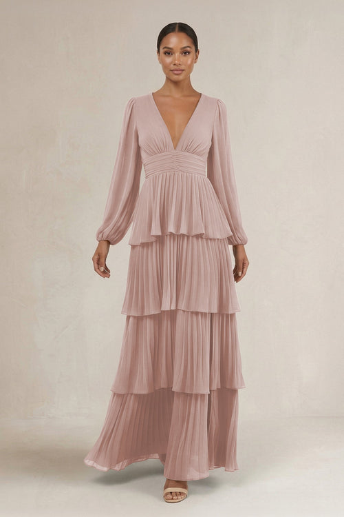 V - Neck Tiered A - Line Long Sleeve Bridesmaid Dress in Toffee - SHE IS ME Bridesmaid Dresses