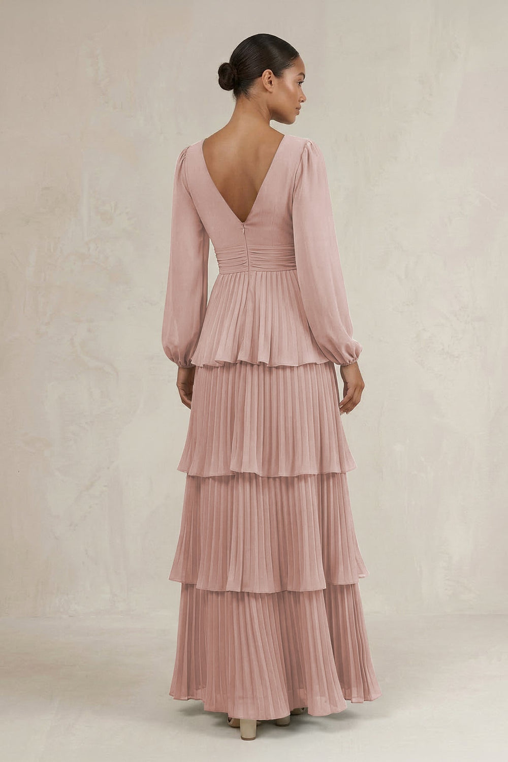 V - Neck Tiered A - Line Long Sleeve Bridesmaid Dress in Toffee - KISS BRIDAL Bridesmaid Dresses