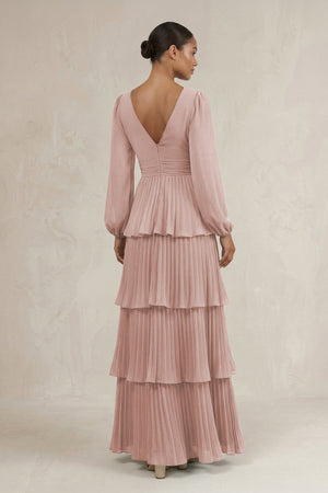 V - Neck Tiered A - Line Long Sleeve Bridesmaid Dress in Toffee - SHE IS ME Bridesmaid Dresses