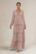 V-Neck Tiered A-Line Long Sleeve Bridesmaid Dress in Toffee | KISSBRIDAL