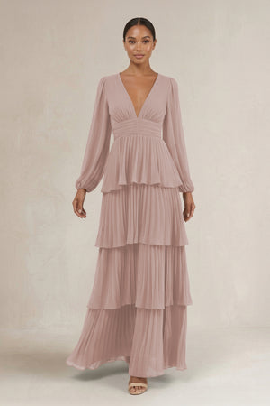 V-Neck Tiered A-Line Long Sleeve Bridesmaid Dress in Toffee | KISSBRIDAL