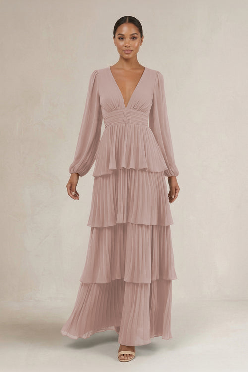 V-Neck Tiered A-Line Long Sleeve Bridesmaid Dress in Toffee | KISSBRIDAL