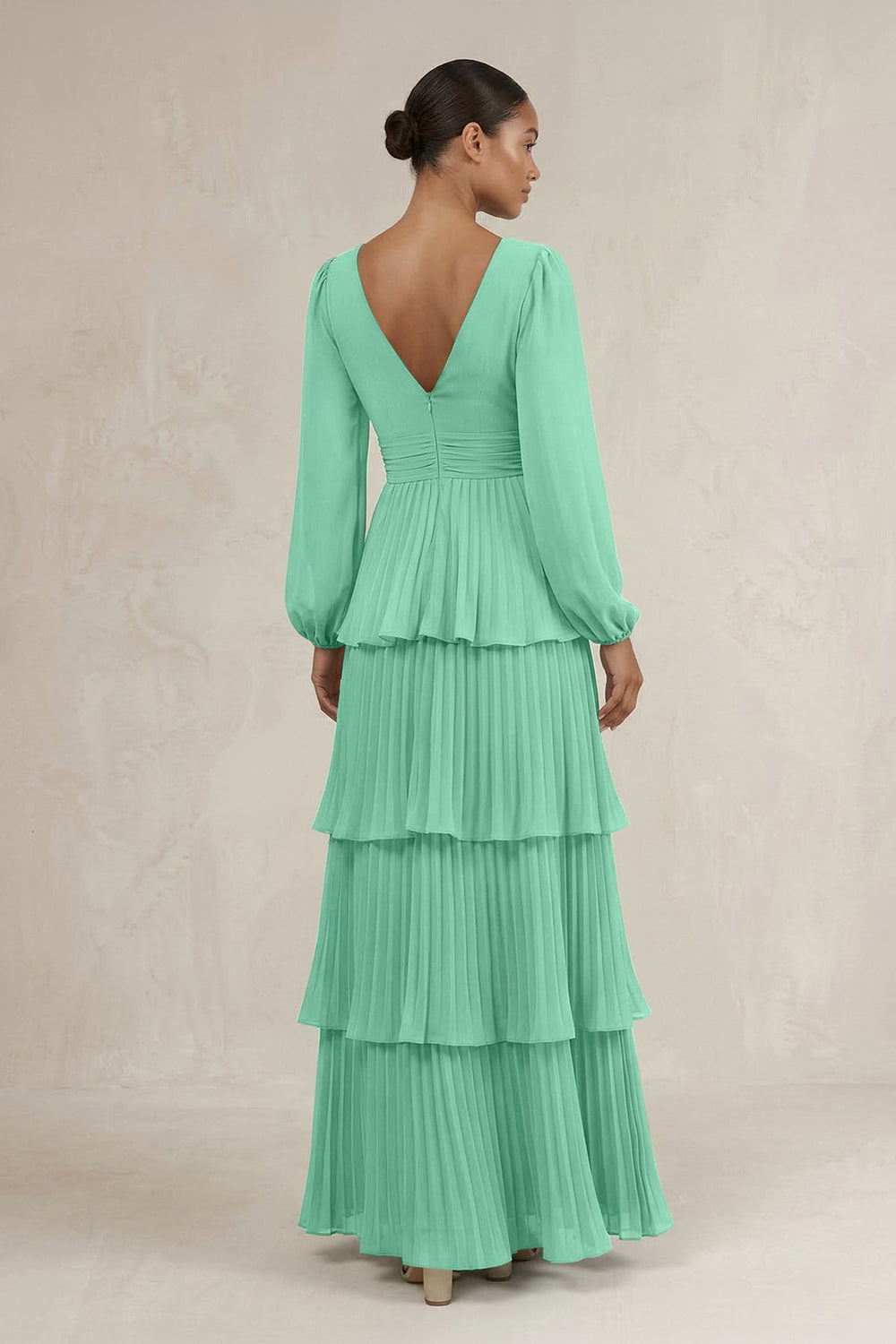 V - Neck Tiered A - Line Long Sleeve Bridesmaid Dress in Turquoise - KISS BRIDAL Bridesmaid Dresses