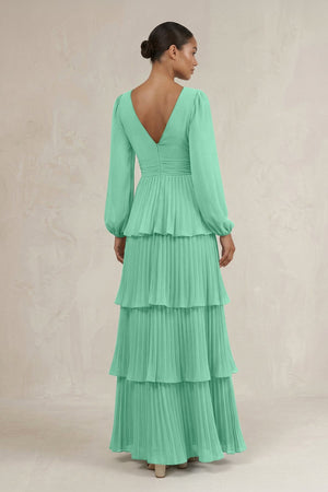 V - Neck Tiered A - Line Long Sleeve Bridesmaid Dress in Turquoise - SHE IS ME Bridesmaid Dresses