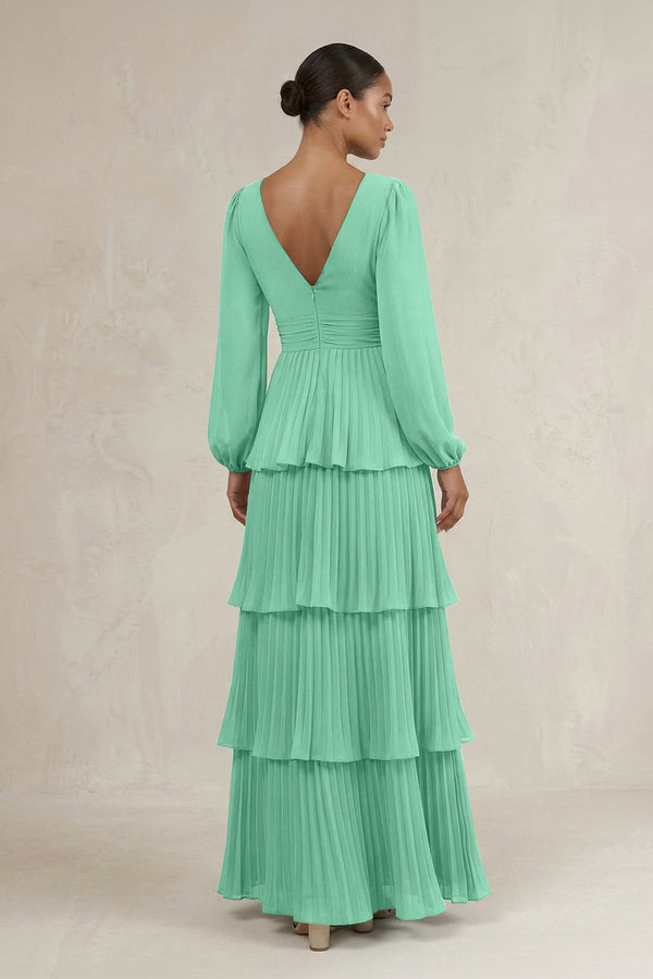 V - Neck Tiered A - Line Long Sleeve Bridesmaid Dress in Turquoise - SHE IS ME Bridesmaid Dresses