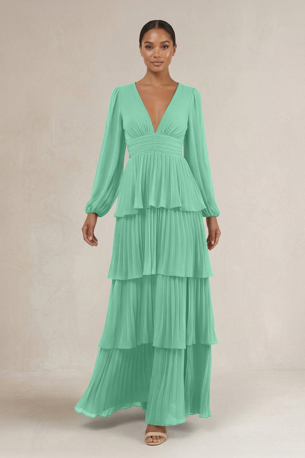 V - Neck Tiered A - Line Long Sleeve Bridesmaid Dress in Turquoise - KISS BRIDAL Bridesmaid Dresses