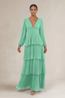 V - Neck Tiered A - Line Long Sleeve Bridesmaid Dress in Turquoise - SHE IS ME Bridesmaid Dresses