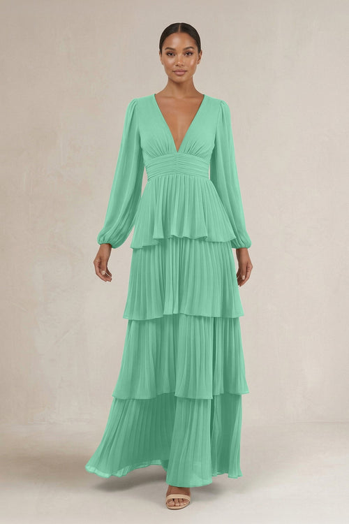 V - Neck Tiered A - Line Long Sleeve Bridesmaid Dress in Turquoise - SHE IS ME Bridesmaid Dresses