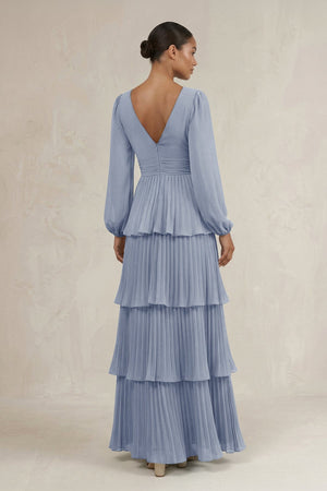 V - Neck Tiered A - Line Long Sleeve Bridesmaid Dress in Twilight - SHE IS ME Bridesmaid Dresses