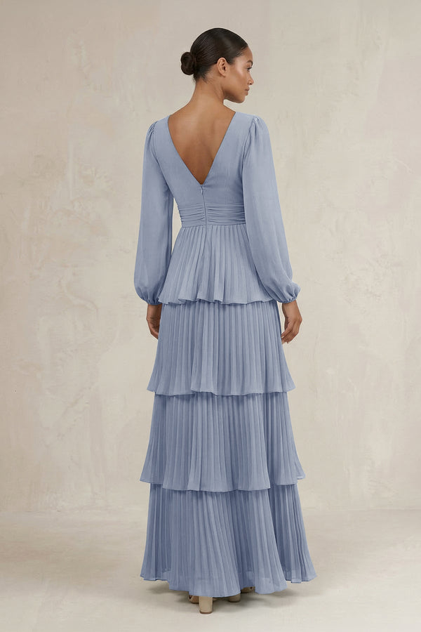 V - Neck Tiered A - Line Long Sleeve Bridesmaid Dress in Twilight - SHE IS ME Bridesmaid Dresses