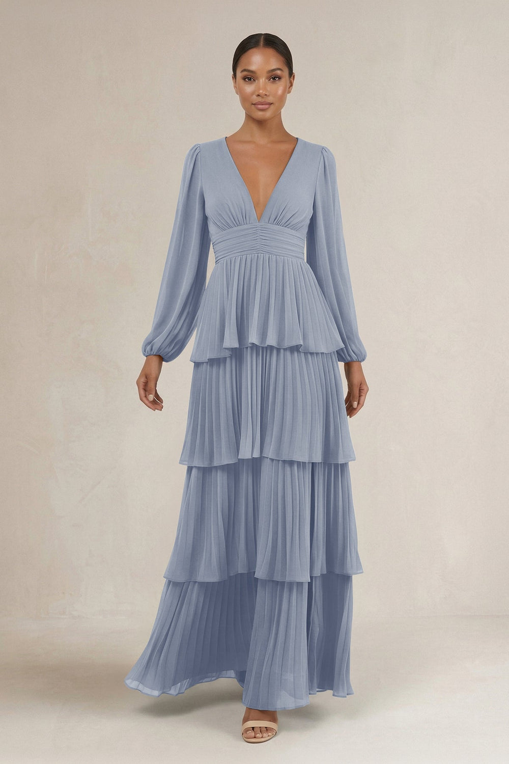 V - Neck Tiered A - Line Long Sleeve Bridesmaid Dress in Twilight - KISS BRIDAL Bridesmaid Dresses