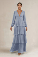 V - Neck Tiered A - Line Long Sleeve Bridesmaid Dress in Twilight - SHE IS ME Bridesmaid Dresses