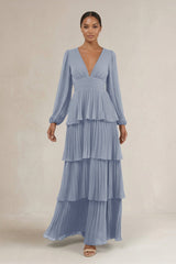V - Neck Tiered A - Line Long Sleeve Bridesmaid Dress in Twilight - KISS BRIDAL Bridesmaid Dresses