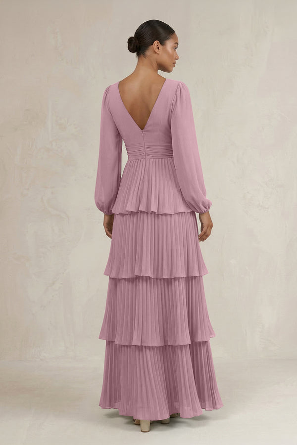 V-Neck Tiered A-Line Long Sleeve Bridesmaid Dress in Vintage Mauve (2) | KISSBRIDAL