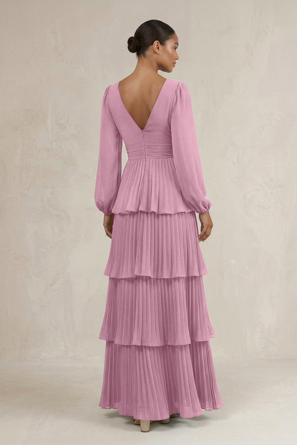 V - Neck Tiered A - Line Long Sleeve Bridesmaid Dress in Vintage Mauve - KISS BRIDAL Bridesmaid Dresses