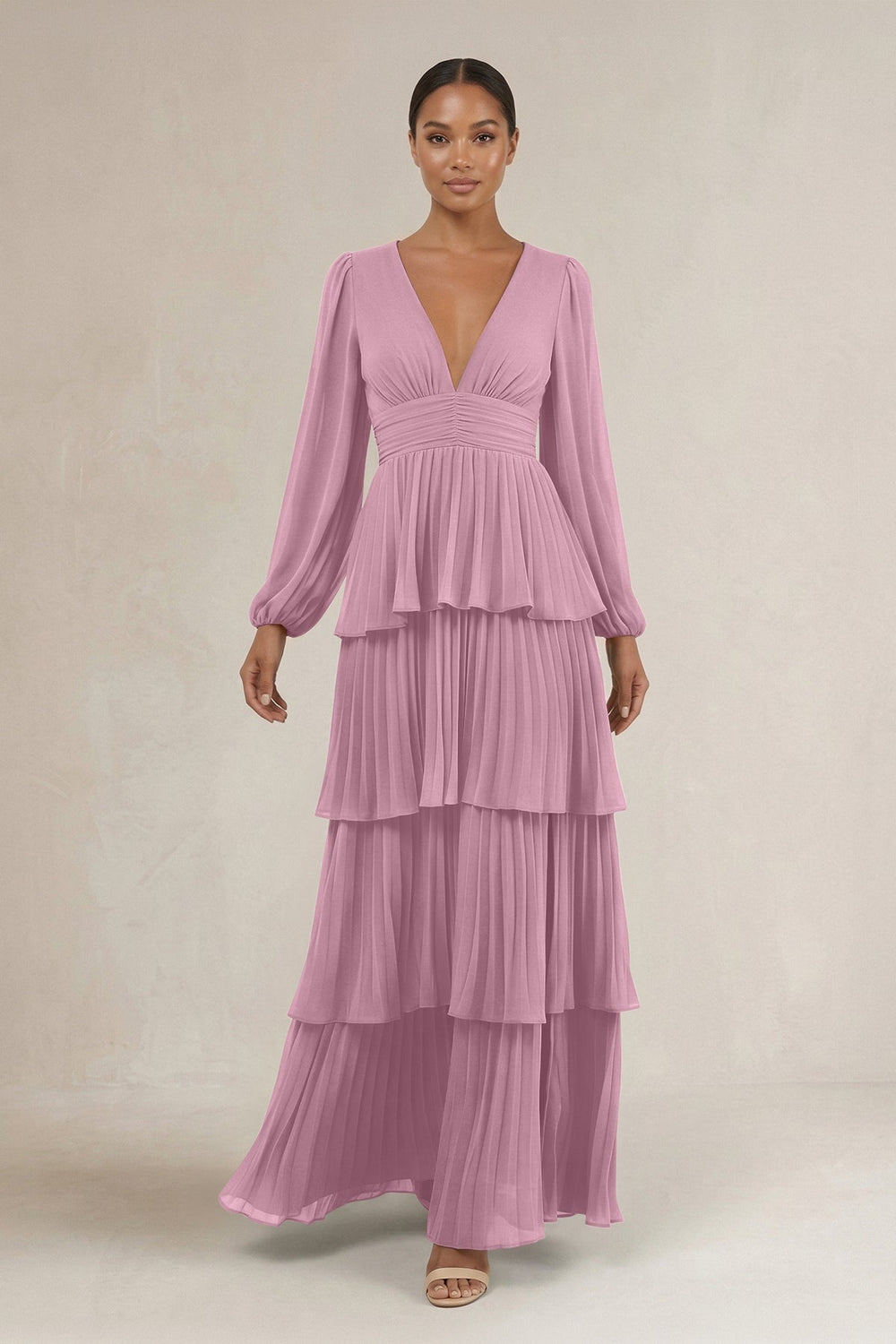 V - Neck Tiered A - Line Long Sleeve Bridesmaid Dress in Vintage Mauve - KISS BRIDAL Bridesmaid Dresses