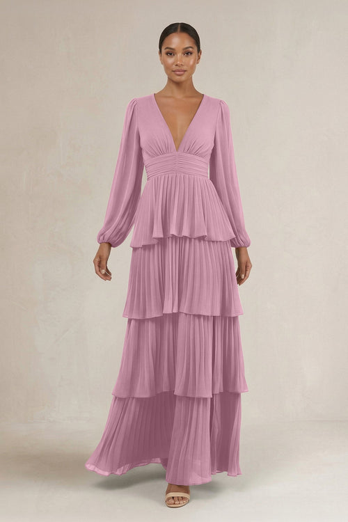 V - Neck Tiered A - Line Long Sleeve Bridesmaid Dress in Vintage Mauve - SHE IS ME Bridesmaid Dresses