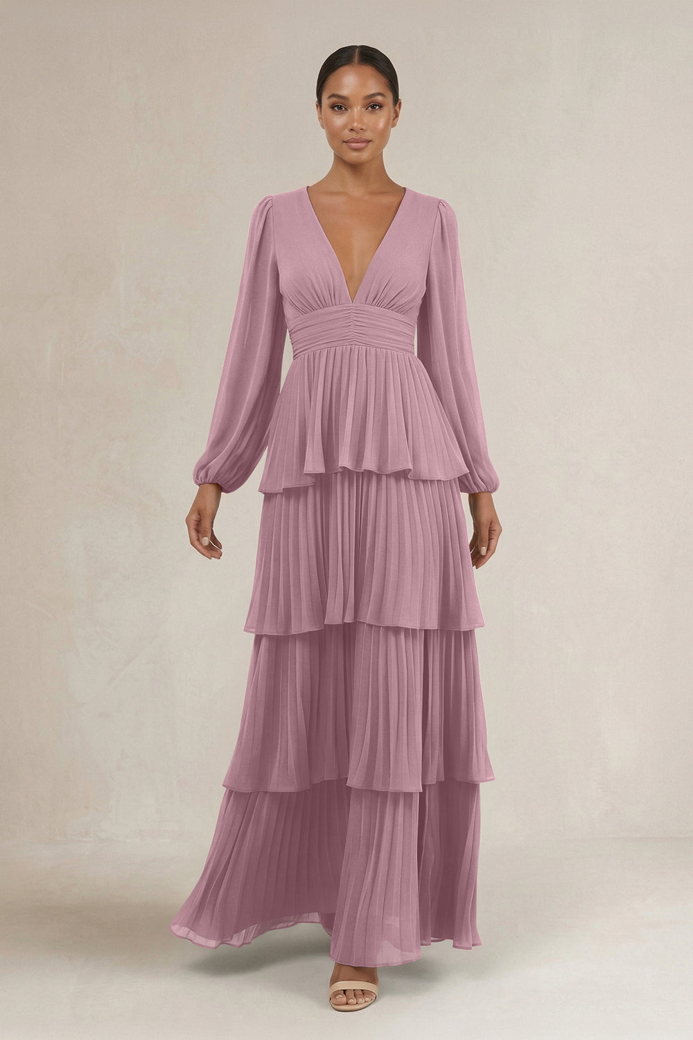 V-Neck Tiered A-Line Long Sleeve Bridesmaid Dress in Vintage Mauve