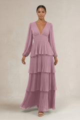 V-Neck Tiered A-Line Long Sleeve Bridesmaid Dress in Vintage Mauve | KISSBRIDAL