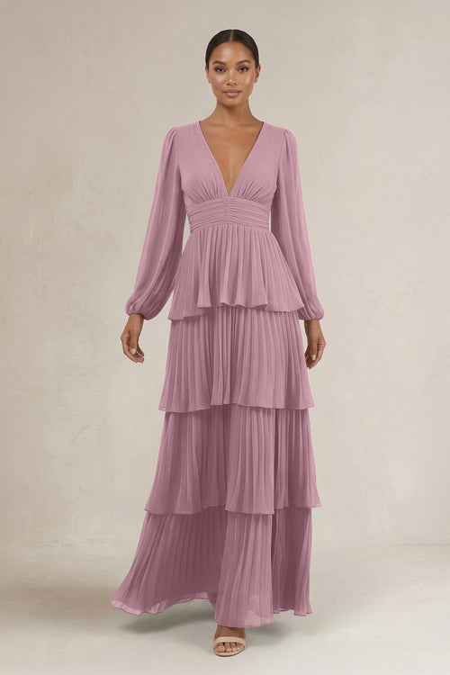 V-Neck Tiered A-Line Long Sleeve Bridesmaid Dress in Vintage Mauve | KISSBRIDAL