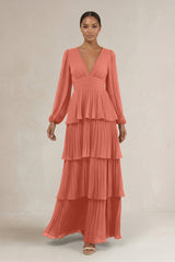 V - Neck Tiered A - Line Long Sleeve Bridesmaid Dress in Wild Rose - KISS BRIDAL Bridesmaid Dresses