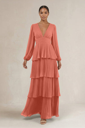 V - Neck Tiered A - Line Long Sleeve Bridesmaid Dress in Wild Rose - SHE IS ME Bridesmaid Dresses