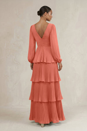 V - Neck Tiered A - Line Long Sleeve Bridesmaid Dress in Wild Rose - SHE IS ME Bridesmaid Dresses
