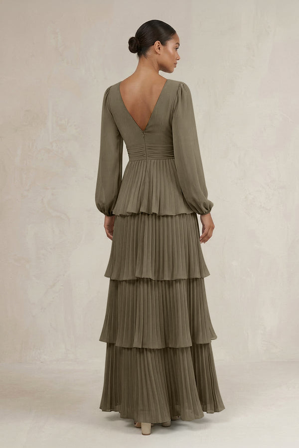 V - Neck Tiered A - Line Long Sleeve Bridesmaid Dress in Willow Green - SHE IS ME Bridesmaid Dresses