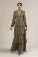 V - Neck Tiered A - Line Long Sleeve Bridesmaid Dress in Willow Green - SHE IS ME Bridesmaid Dresses