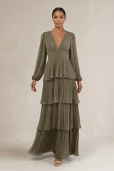 V - Neck Tiered A - Line Long Sleeve Bridesmaid Dress in Willow Green - KISS BRIDAL Bridesmaid Dresses