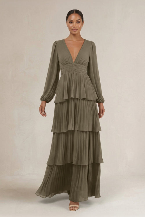 V - Neck Tiered A - Line Long Sleeve Bridesmaid Dress in Willow Green - SHE IS ME Bridesmaid Dresses