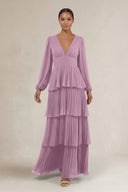 V - Neck Tiered A - Line Long Sleeve Bridesmaid Dress in Wisteria - SHE IS ME Bridesmaid Dresses