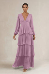 V - Neck Tiered A - Line Long Sleeve Bridesmaid Dress in Wisteria - KISS BRIDAL Bridesmaid Dresses