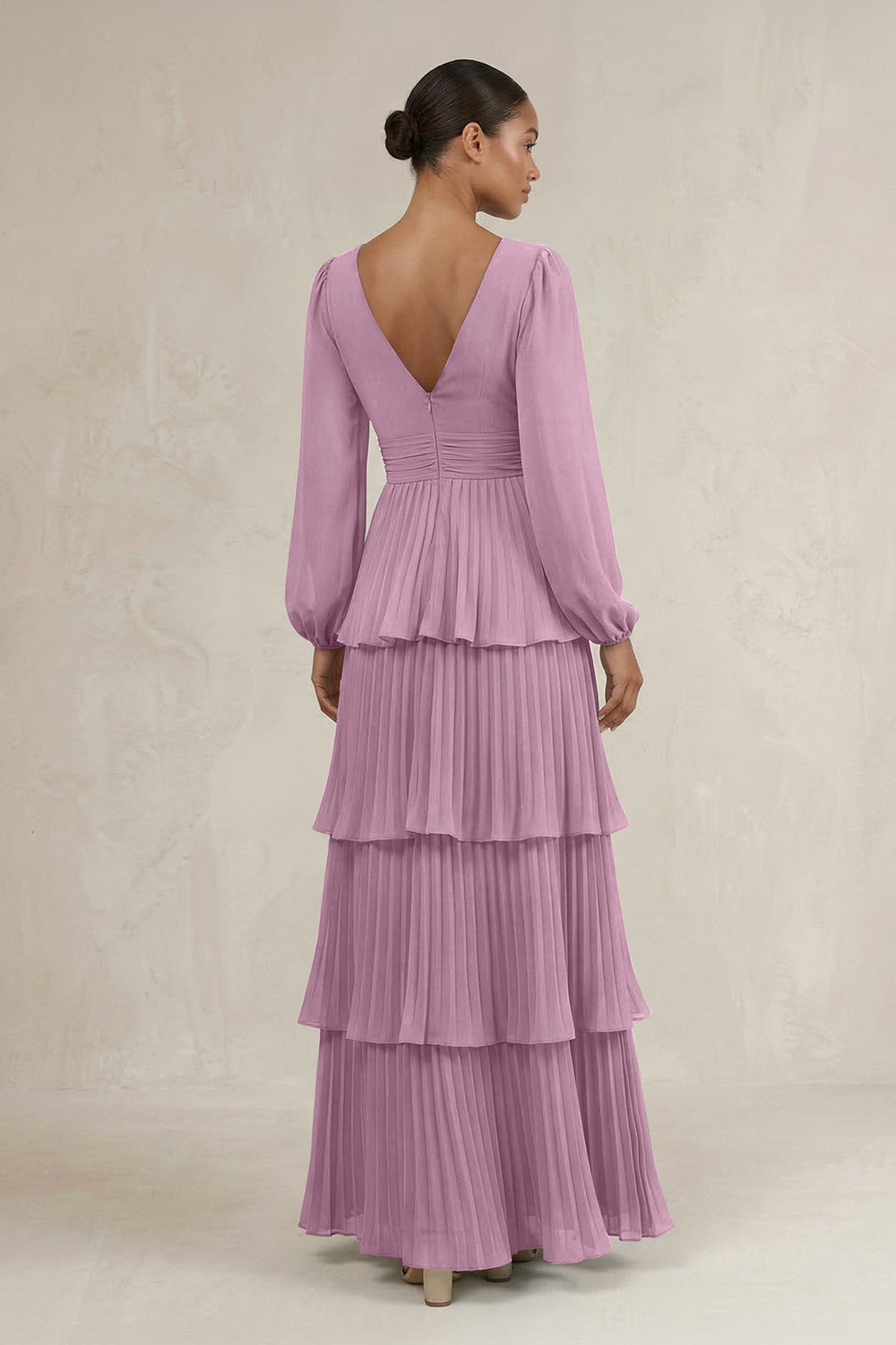 V - Neck Tiered A - Line Long Sleeve Bridesmaid Dress in Wisteria - KISS BRIDAL Bridesmaid Dresses