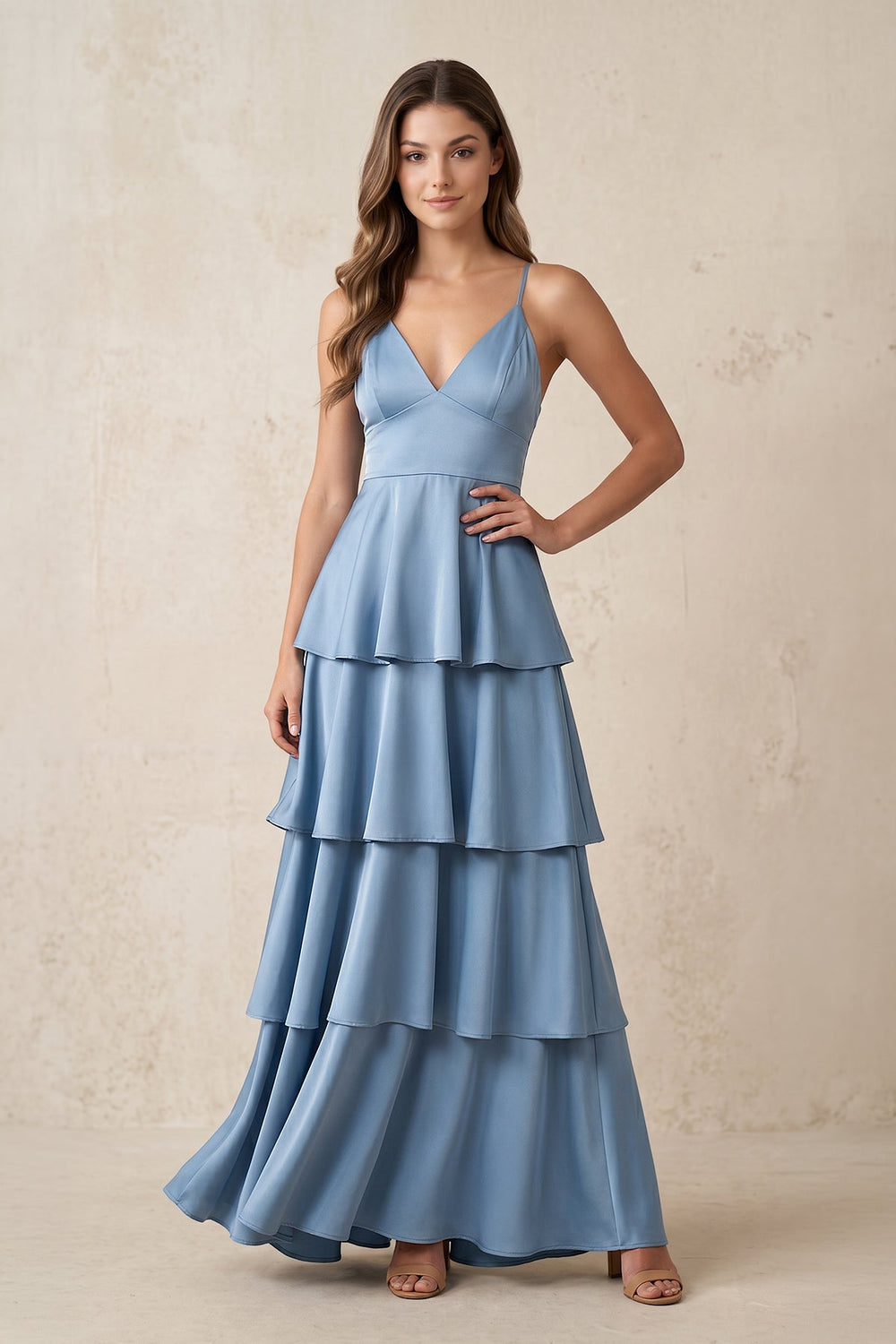 V-Neck Tiered Ruffle A-Line Maxi Dress in Neptune – KISS BRIDAL Dresses