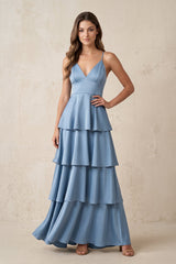 V-Neck Tiered Ruffle A-Line Maxi Dress in Neptune – KISS BRIDAL Dresses