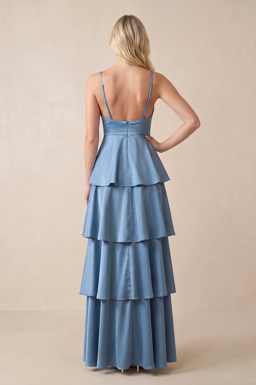 V-Neck Tiered Ruffle A-Line Maxi Wedding Guest Dress in Neptune
