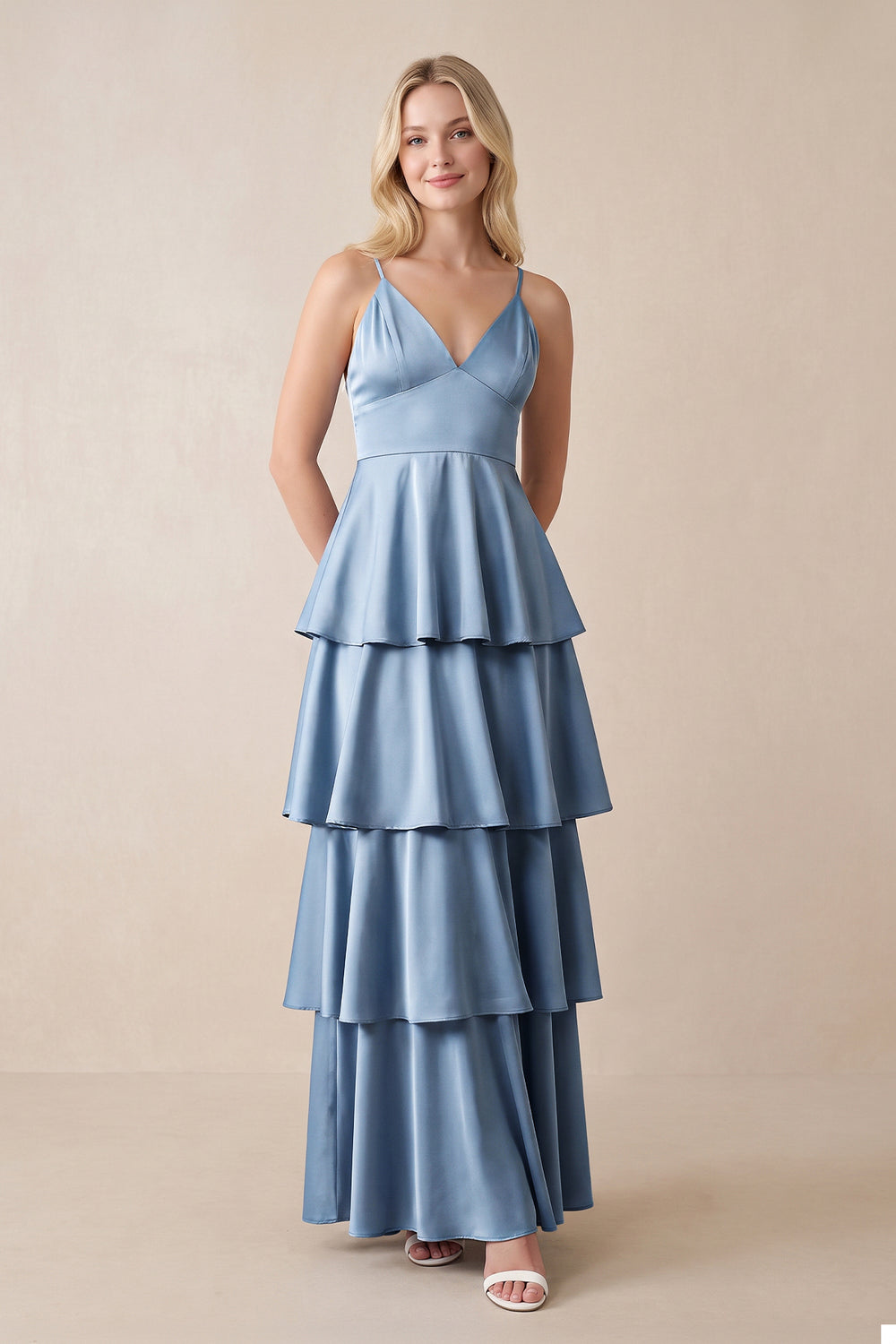 V-Neck Tiered Ruffle A-Line Maxi Wedding Guest Dress in Neptune