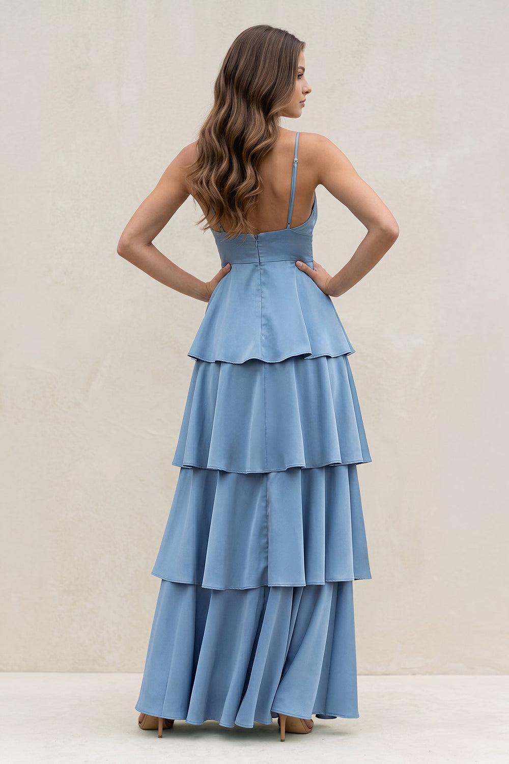 V-Neck Tiered Ruffle A-Line Maxi Dress in Neptune – KISS BRIDAL Dresses