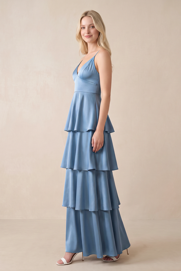 V-Neck Tiered Ruffle A-Line Maxi Dress in Neptune – KISS BRIDAL Dresses
