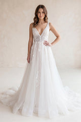 V Neck Tulle A - Line Appliqued Wedding Dress in White - KISS BRIDAL Wedding Dresses