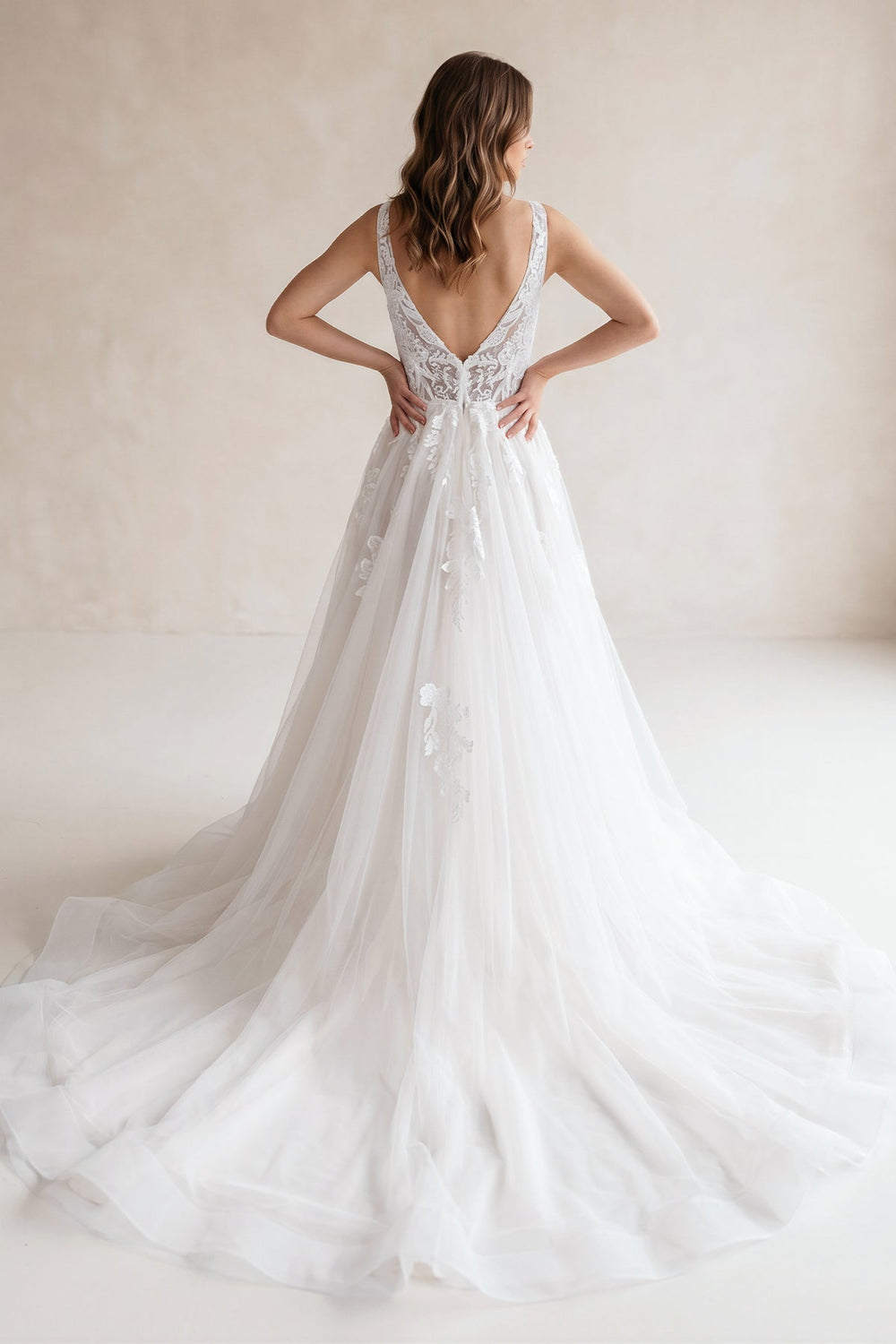 V Neck Tulle A - Line Appliqued Wedding Dress in White - KISS BRIDAL Wedding Dresses