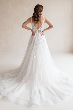 V Neck Tulle A - Line Appliqued Wedding Dress in White - SHE IS ME Wedding Dresses
