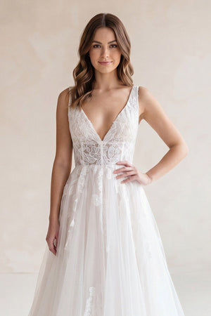 V Neck Tulle A - Line Appliqued Wedding Dress in White - SHE IS ME Wedding Dresses