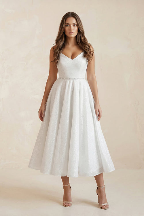 V - Neck Tulle A - Line Ruched Wedding Dress in White - SHE IS ME Wedding Dresses