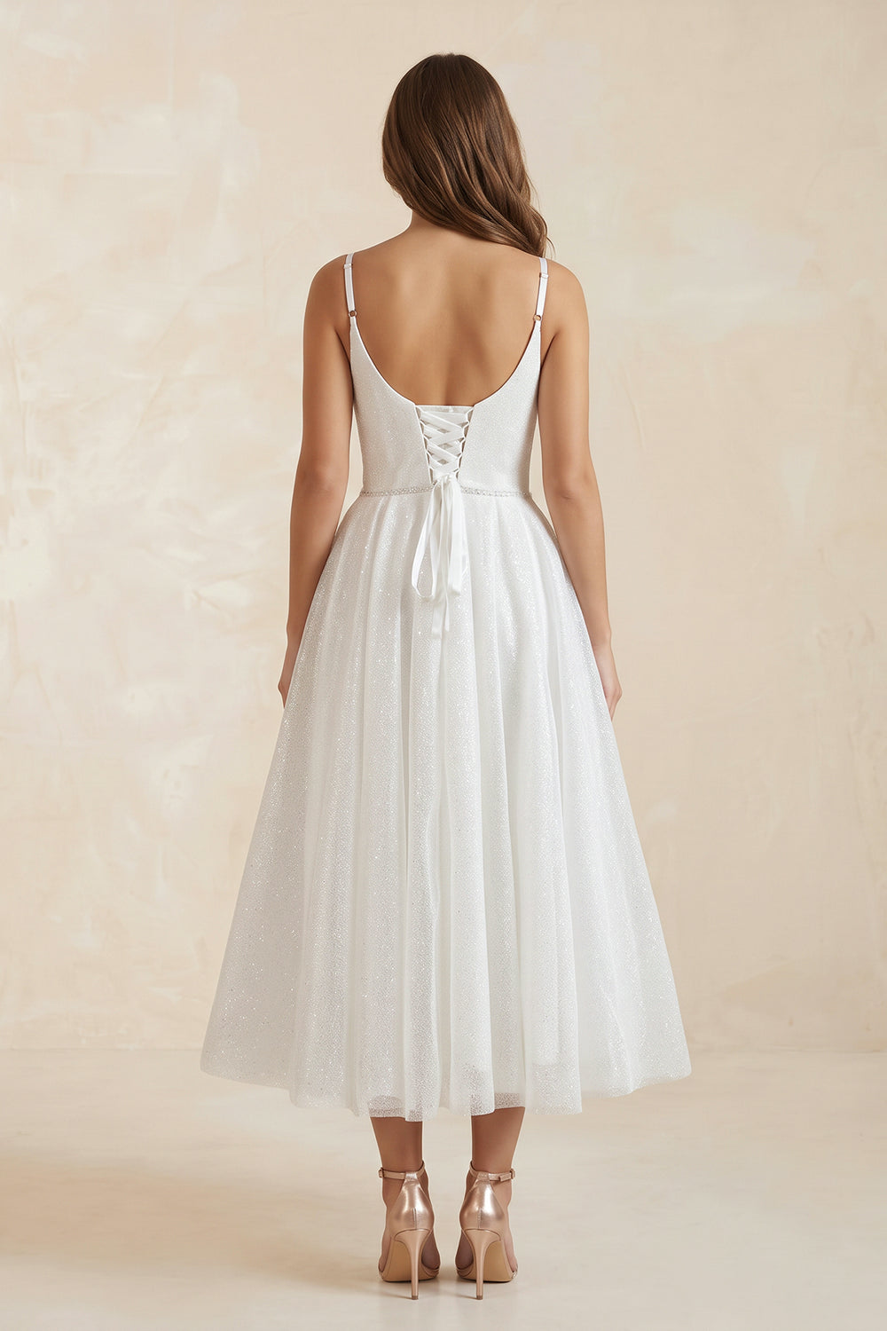 V-Neck Tulle A-Line Ruched Wedding Dress in White