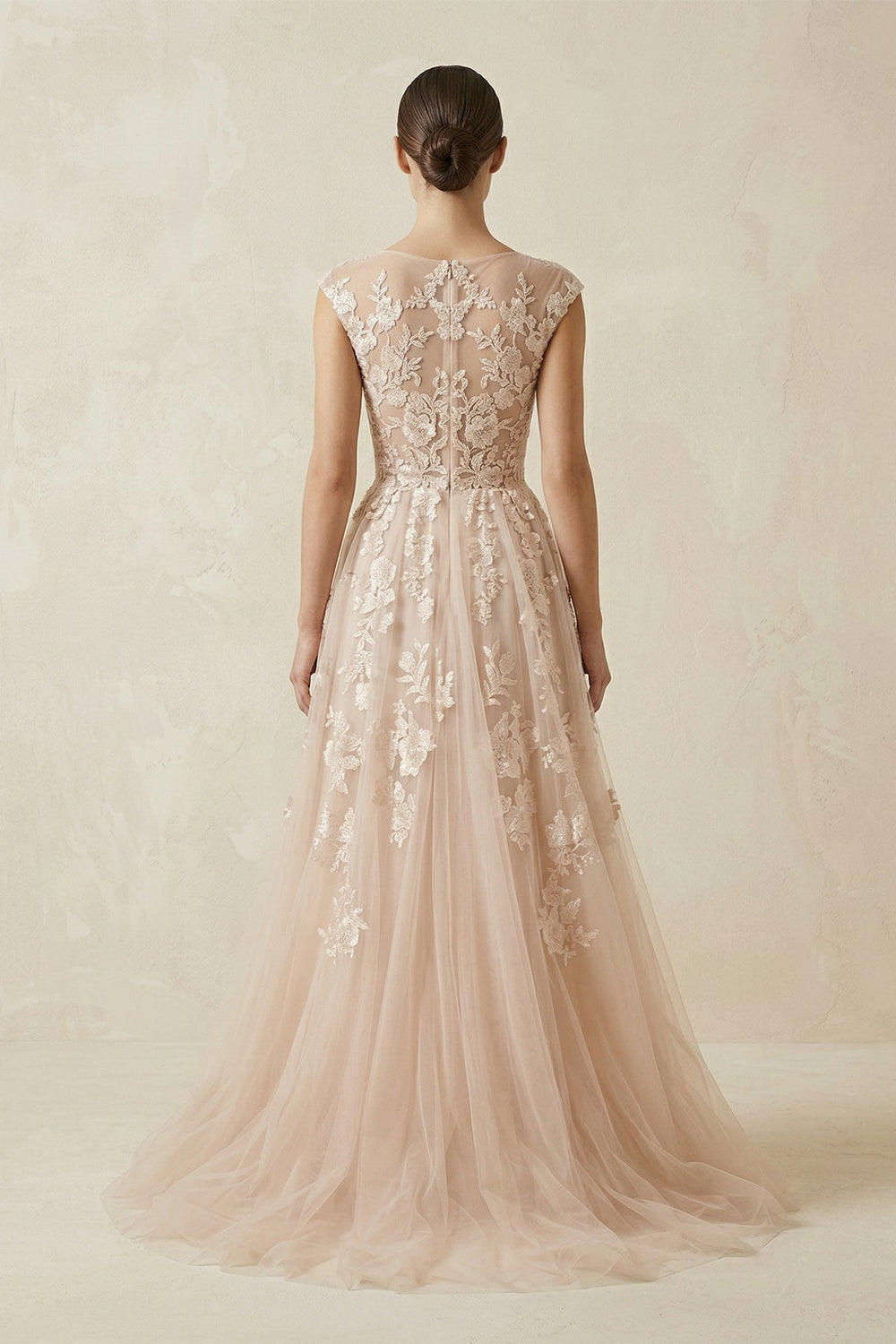 V Neck Tulle A - Line Wedding Dress With Appliques in Champagne - KISS BRIDAL Wedding Dresses