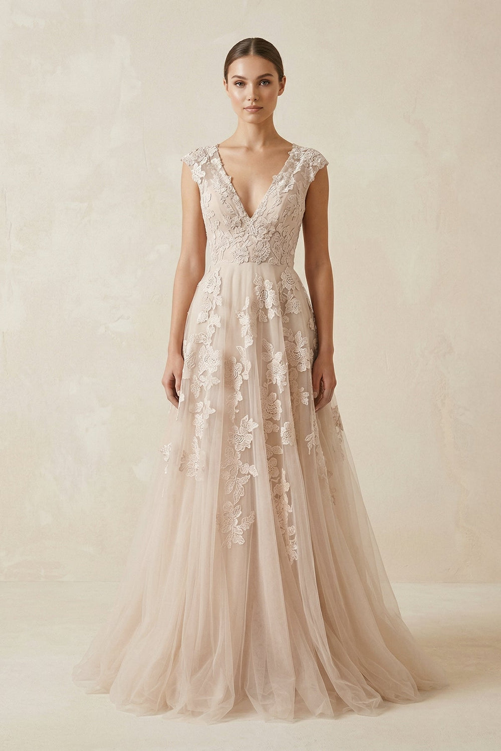 V Neck Tulle A - Line Wedding Dress With Appliques in Champagne - KISS BRIDAL Wedding Dresses