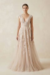 V Neck Tulle A - Line Wedding Dress With Appliques in Champagne - KISS BRIDAL Wedding Dresses