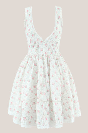 V-Neck Vintage Rose Printed Cotton Mini Dress in Ivory– SHE IS ME Dresses